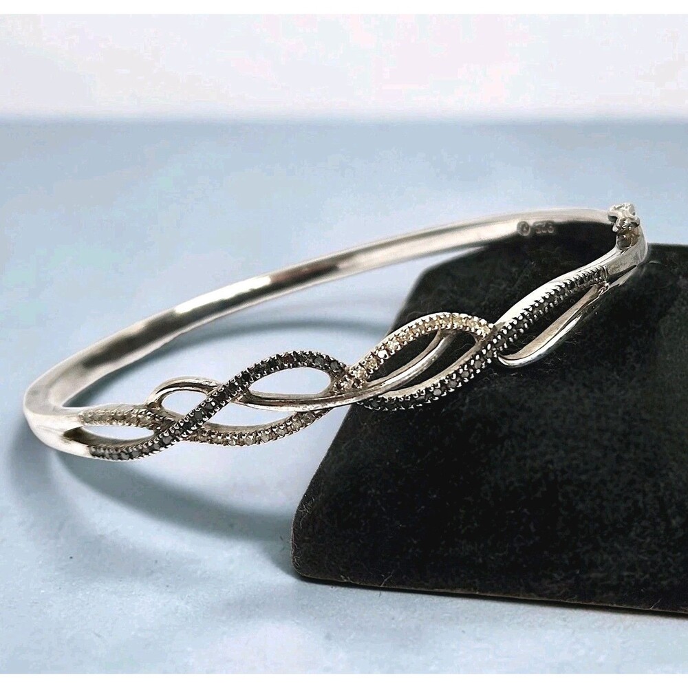 Sterling Silver Wave Infinity Bangle Black & Clear Diamond 925 Bracelet Size 7